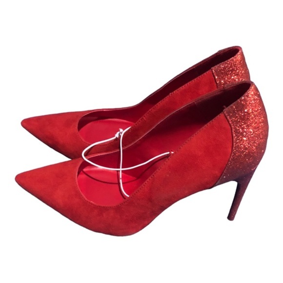 Marc Fisher red suede & glitter pointy toe stiletto pump heels size 11 brand new - Picture 1 of 12